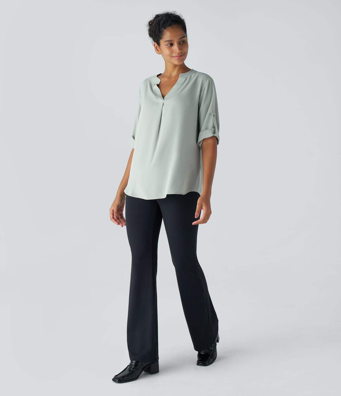 V Neck Button Three Quarter Sleeve Curved Hem Work Shirt