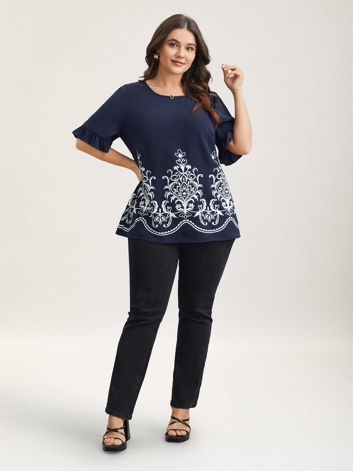 Floral Print Round Neck Ruffled Sleeve Shirt