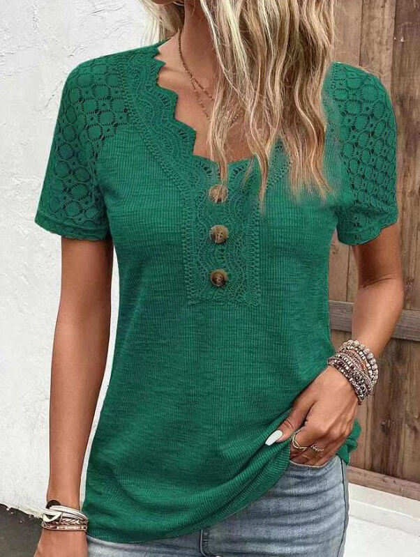 Lace Trim V Neck Loose Button Top