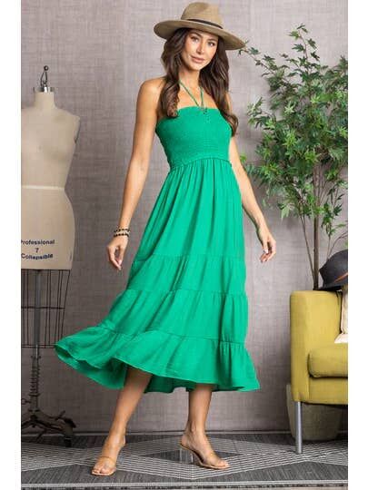 Shirred Bandeau Halter Strap Maxi Dress