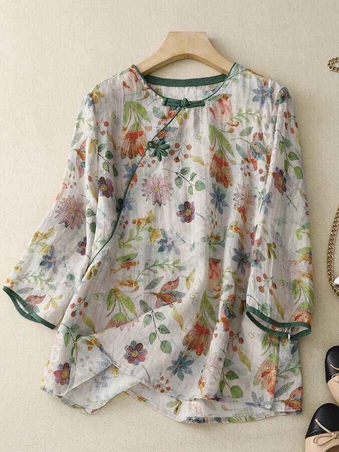 Retro Vintage Ethnic Style Thin Print Frog Button 4/3 Sleeve Shirt