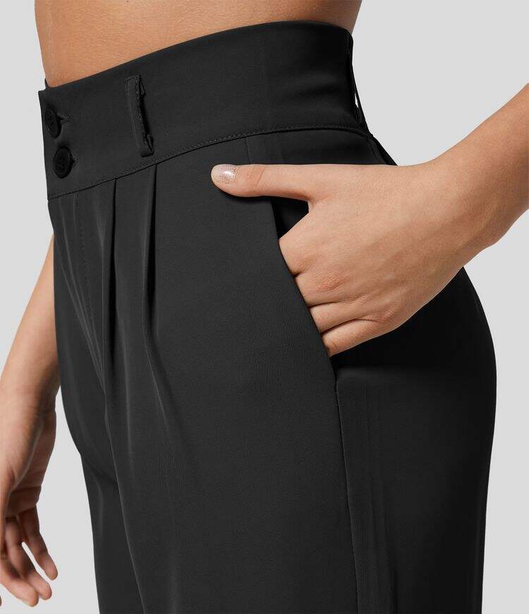 High Waisted Button Zipper Plicated Side Pocket Shirred Straight Leg Work Pants