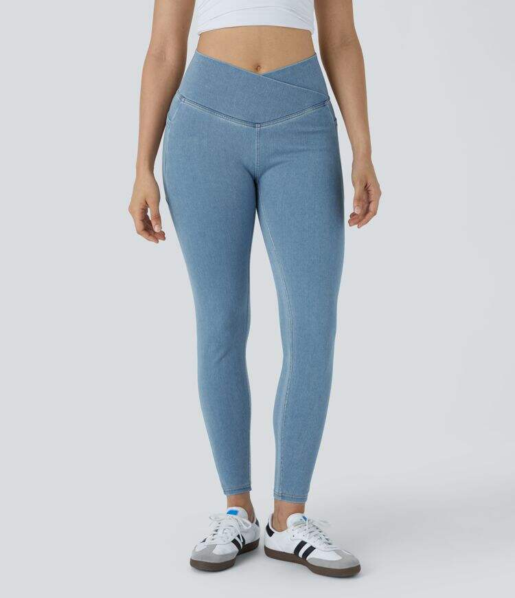 Crossover Side Pocket Washed Stretchy Knit Denim Work Leggings