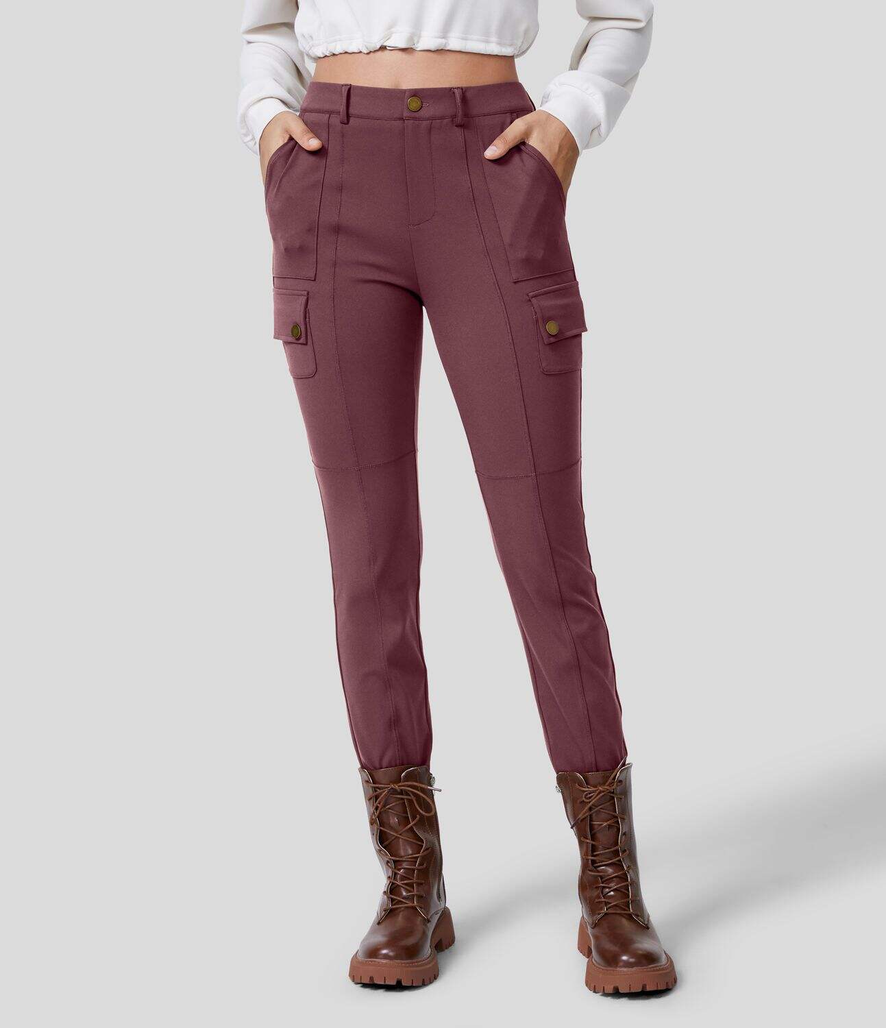 High Waisted Button Zipper Multiple Pockets Solid Skinny Hiking Cargo Pants