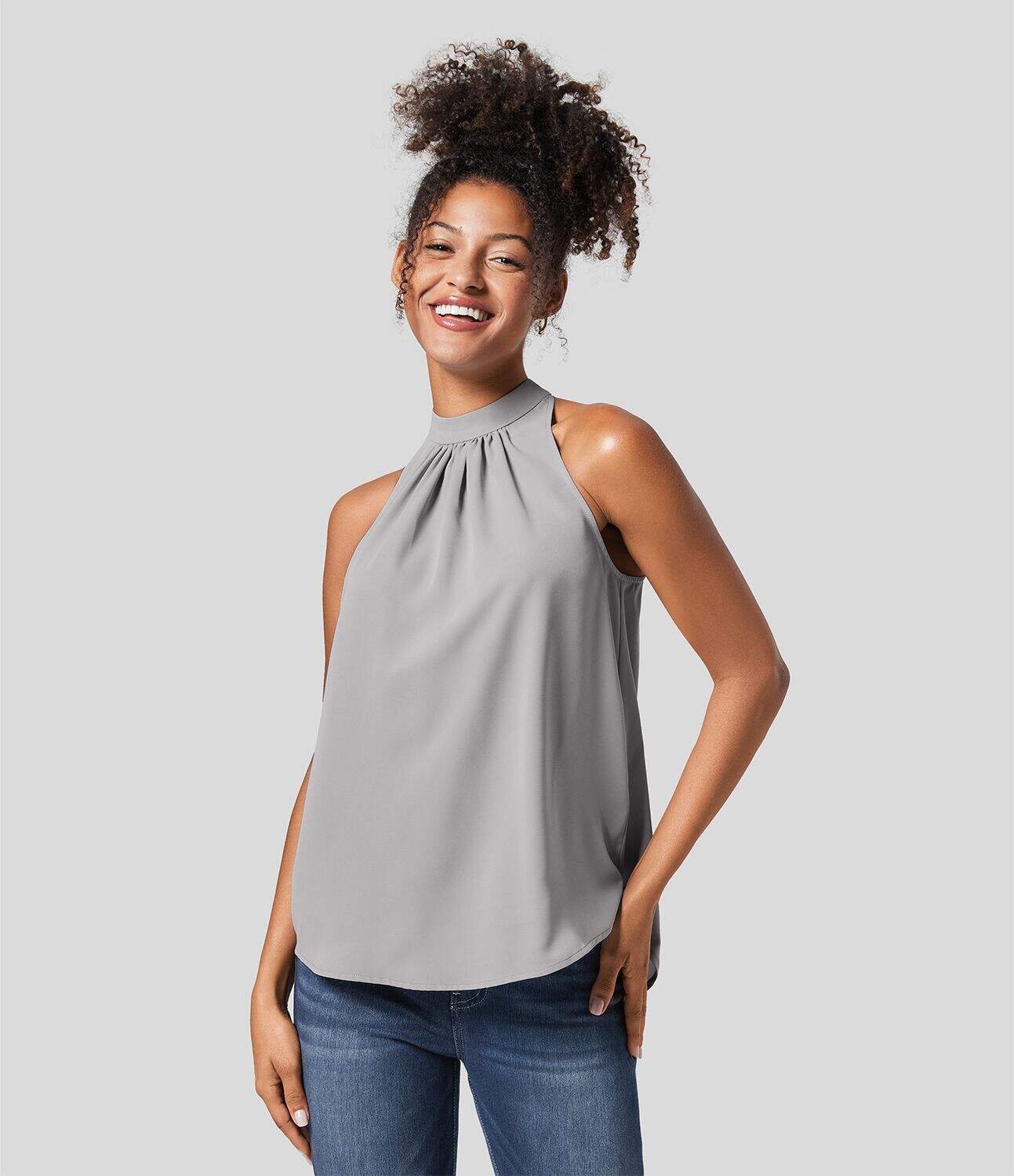 Keyhole Back Halter Plicated Sleeveless Curved Hem Work Blouse