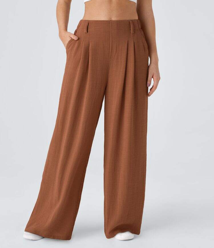 High Waisted Plicated Side Pocket Wide Leg Flowy Solid Palazzo Casual Linen-Feel Pants