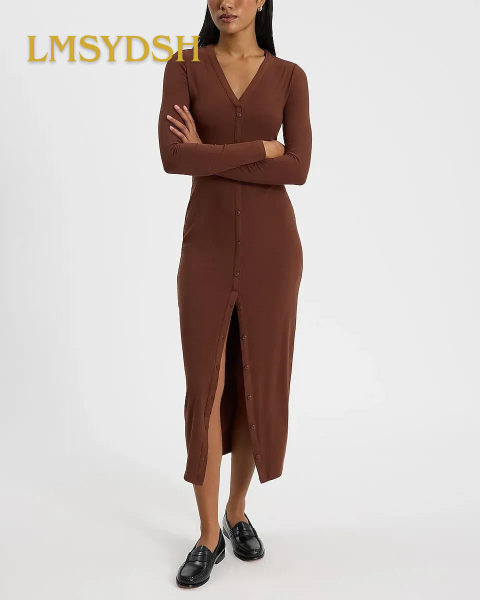 Ribbed Knit Long Sleeve Button Down Midi Dress
