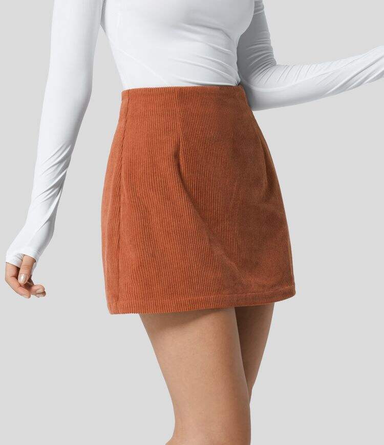 High Waisted Invisible Zipper 2-in-1 A Line Mini Corduroy Casual Skirt