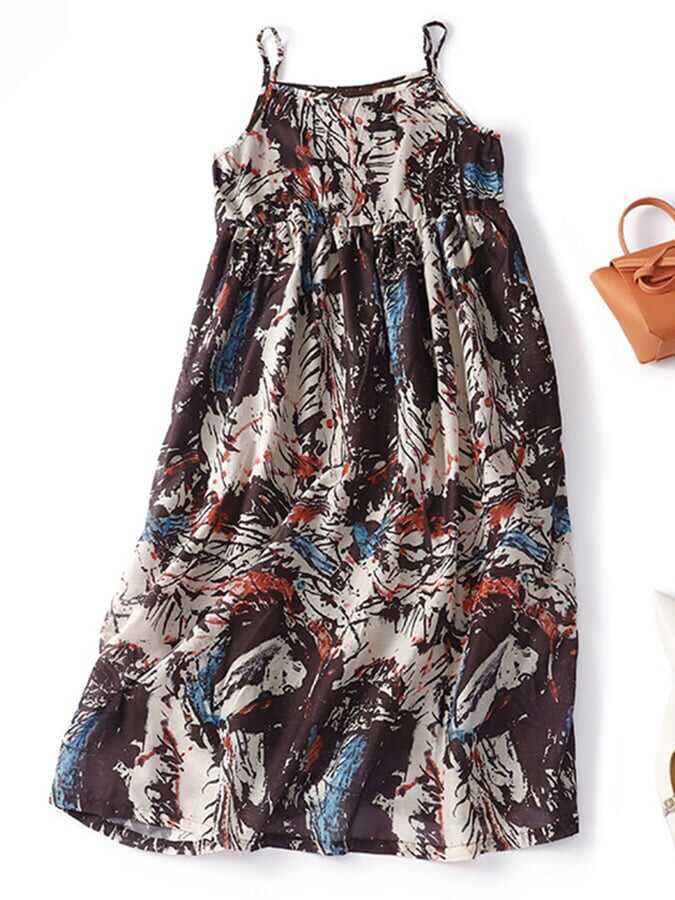 Cotton And Linen Literary Sleeveless Strap Black Printed Dress