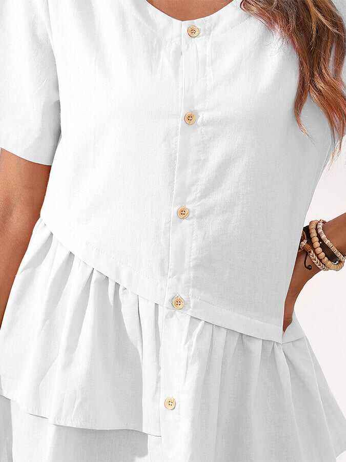 Cotton And Linen Irregular Hem Short-sleeved Casual Top