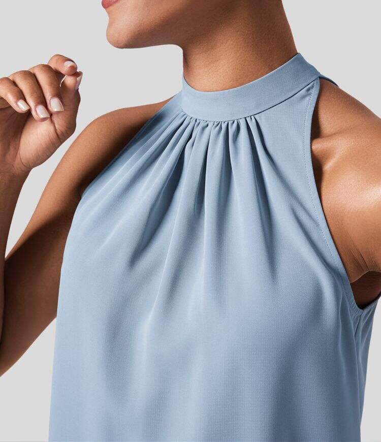 Keyhole Back Halter Plicated Sleeveless Curved Hem Work Blouse