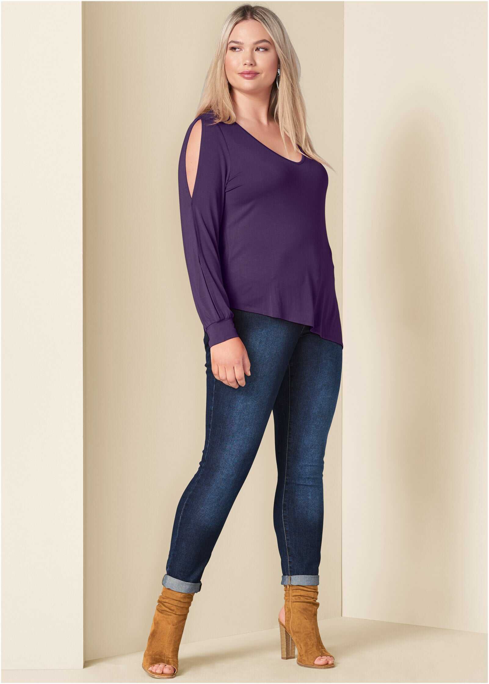 V-Neck Cold-Shoulder Top - Dark Purple