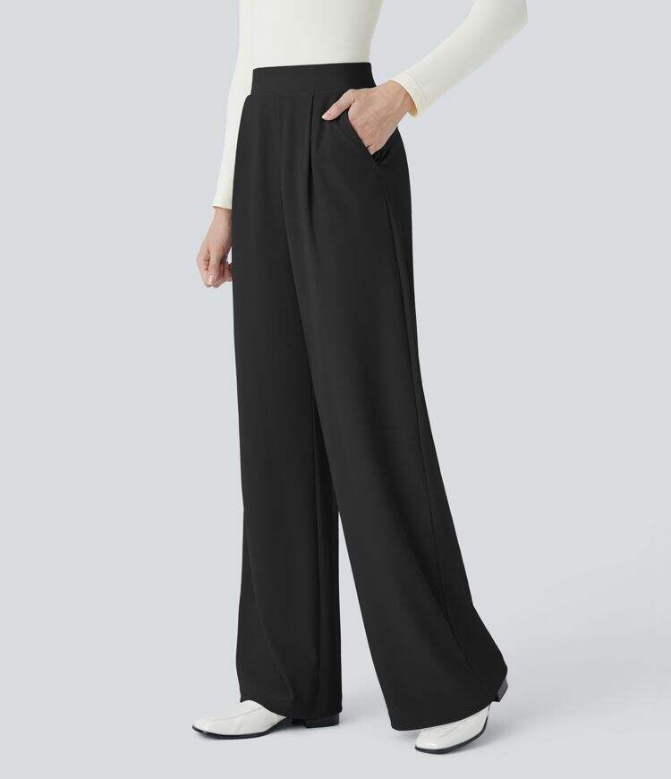 Ha High Waisted Body Sculpt Waist-Slimming Side Pocket Wide Leg Micro Waffle Work Pants