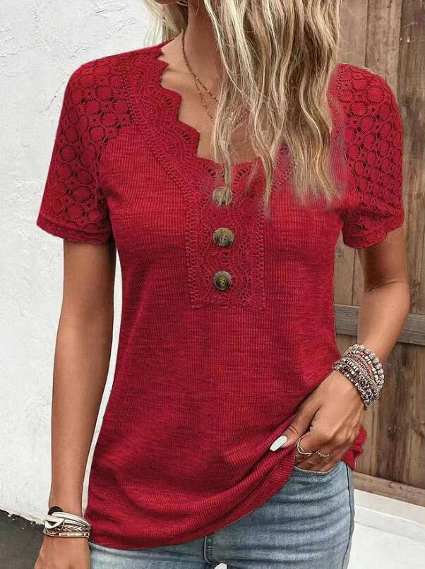 Lace Trim V Neck Loose Button Top