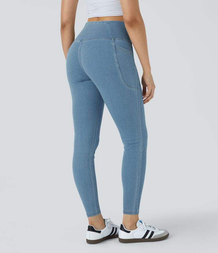 Crossover Side Pocket Washed Stretchy Knit Denim Work Leggings
