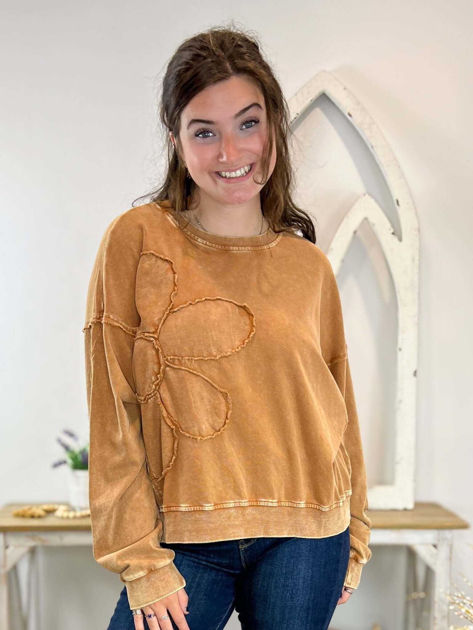 Flower Patch Washed Terry Knit Pullover Sweatshirt