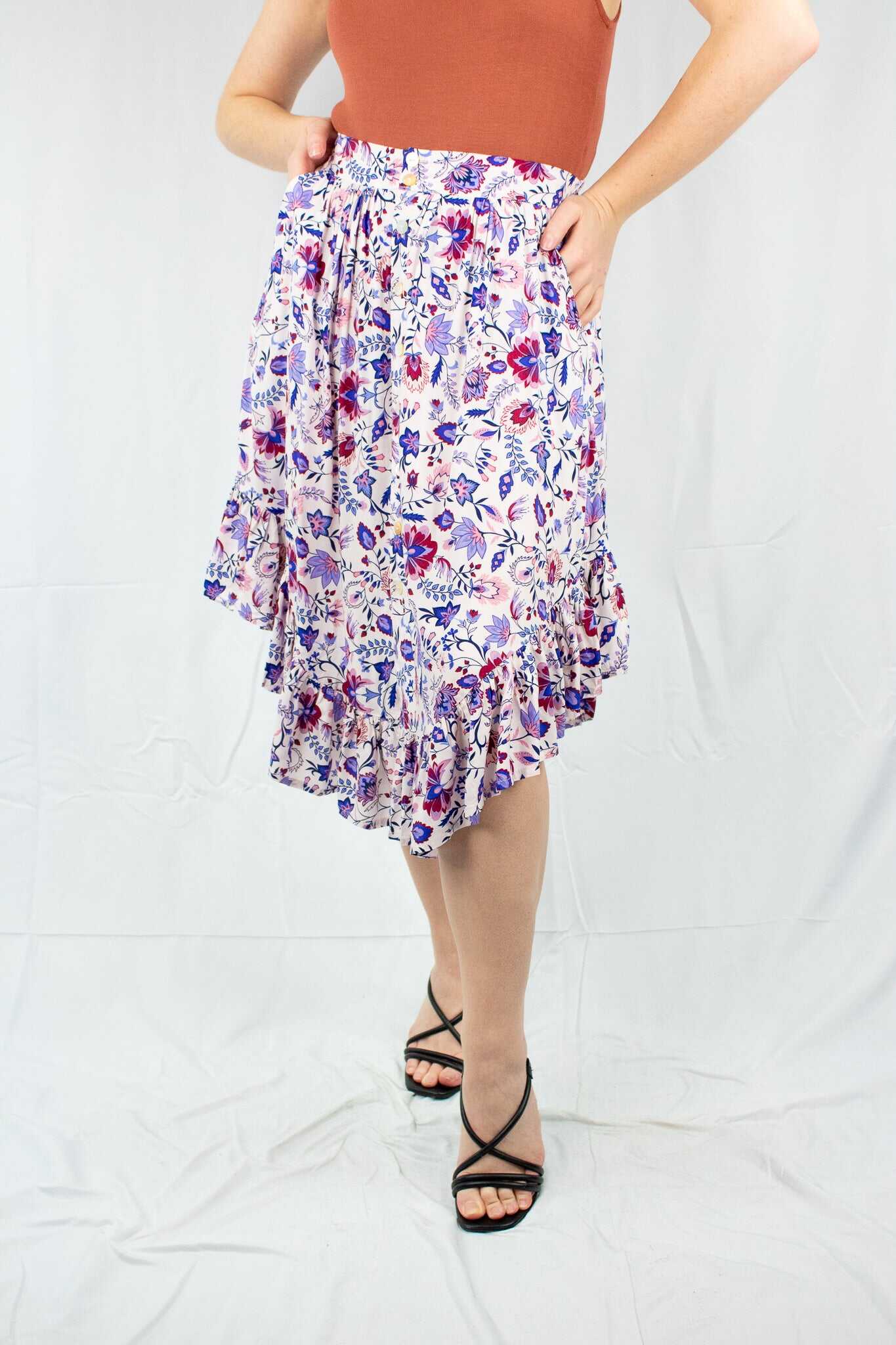 Floral Ruffle Button Up Midi Skirt - SALE