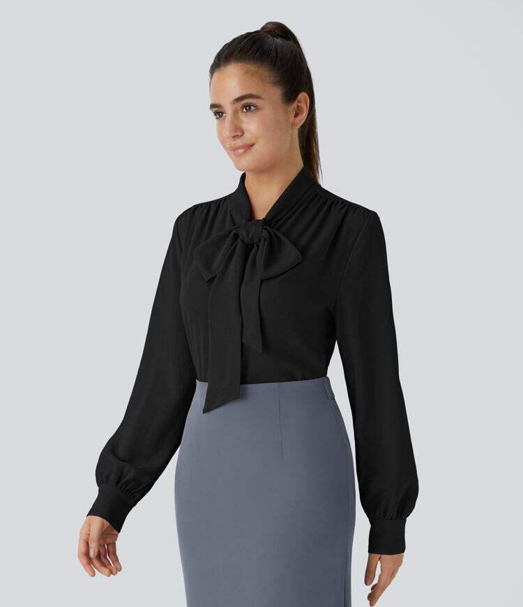 Tie Neck Plicated Long Sleeve Button Work Blouse
