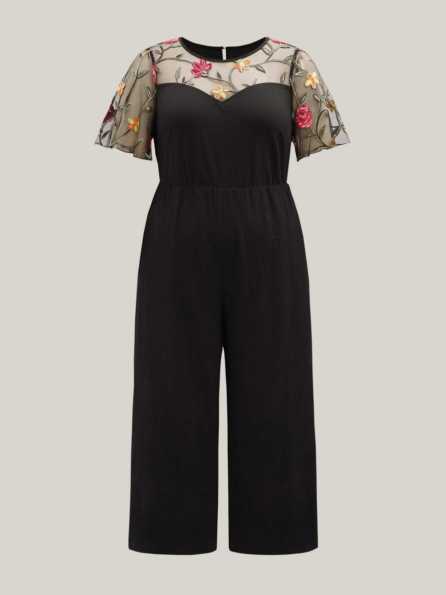 Floral Mesh Embroidered Flared Jumpsuit