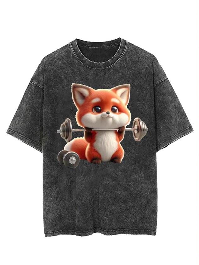 Funny Weightlifting Fox Print Washed Tee 🦊💪