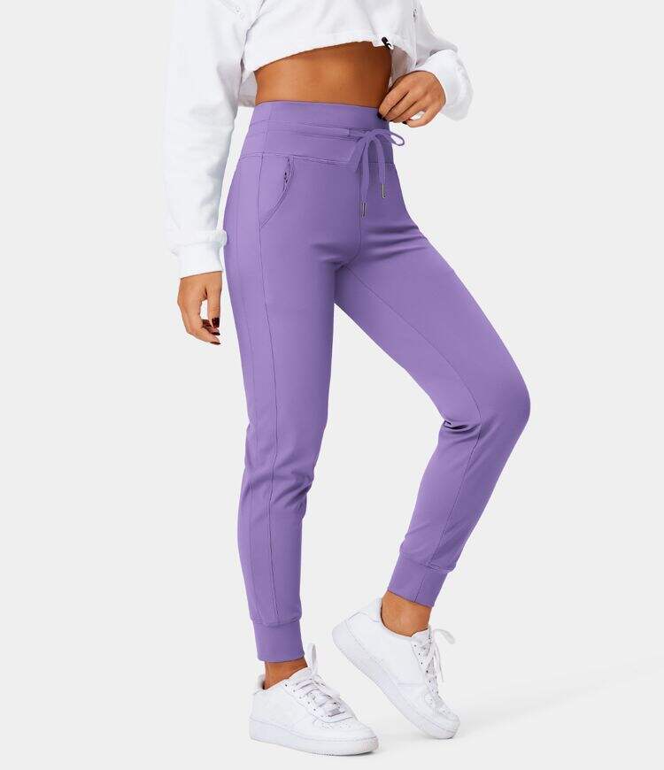 Airy High Waisted Drawstring Side Pocket Plain Cool Touch Full Length Joggers-UPF50+