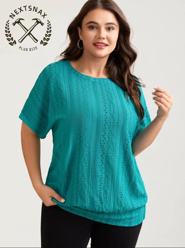 Eyelet Trim Stretchy Textured Plain Top
