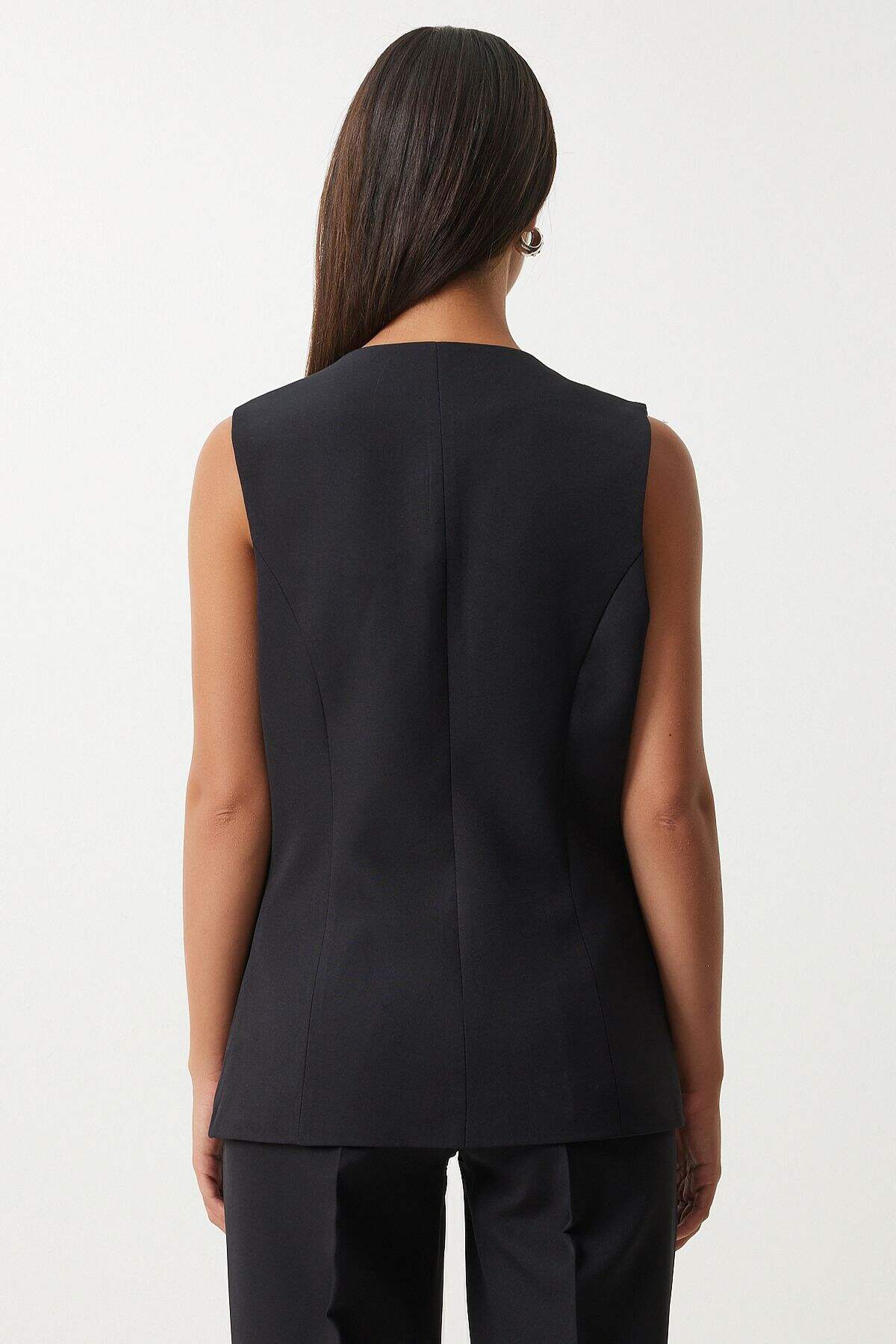 Silkcomo Elegant Black Double-Breasted Sleeveless Suit with Wide-Leg Trousers Set