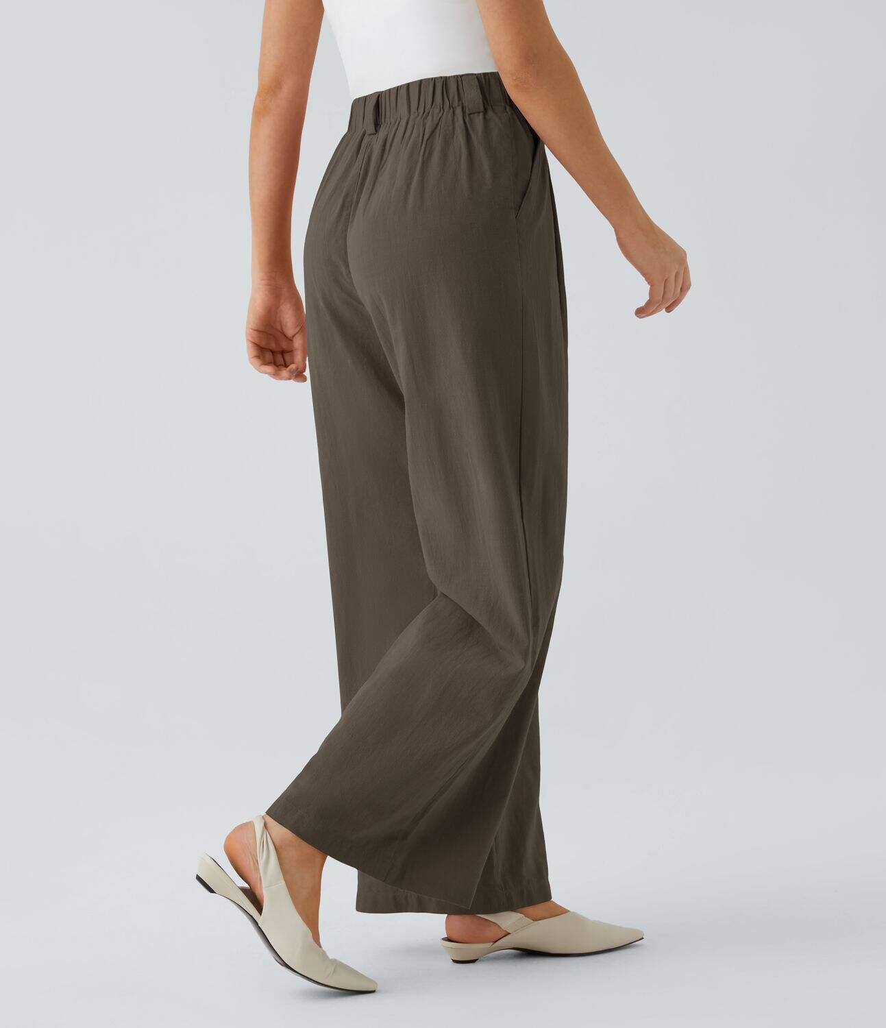 High Waisted Plicated Side Pocket Wide Leg Flowy Solid Palazzo Casual Linen-Feel Pants