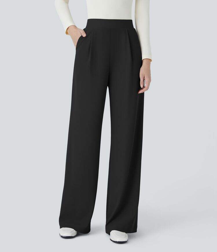 Ha High Waisted Body Sculpt Waist-Slimming Side Pocket Wide Leg Micro Waffle Work Pants