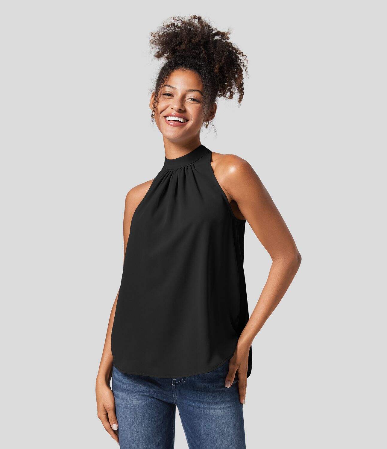 Keyhole Back Halter Plicated Sleeveless Curved Hem Work Blouse