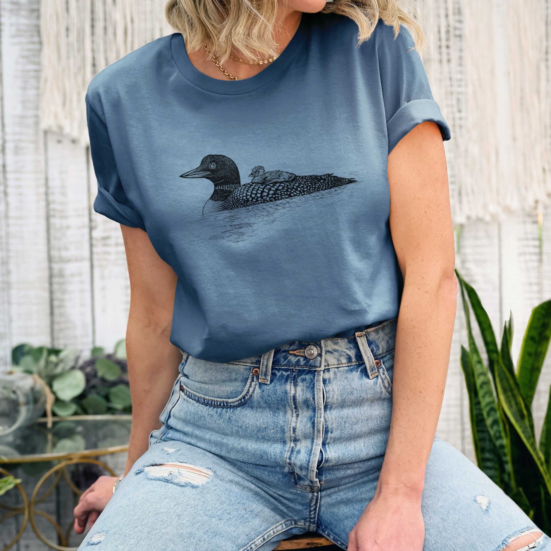 Common Loon with Chick - Gavia immer - Lightweight 100% Cotton Unisex Crewneck
