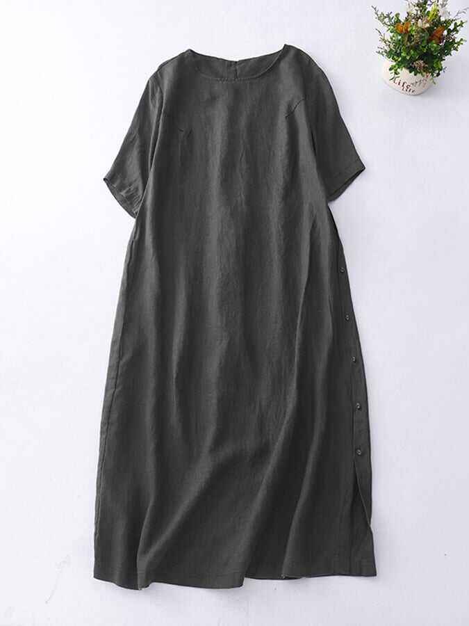 Cotton Linen Loose Short Sleeve Split Dress