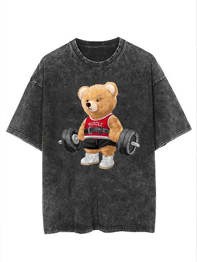 🐻 Fun Cotton Workout Bear Washed Fitness T-Shirt