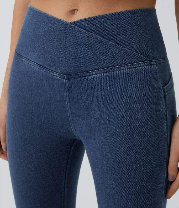 Crossover Side Pocket Washed Stretchy Knit Denim Work Leggings