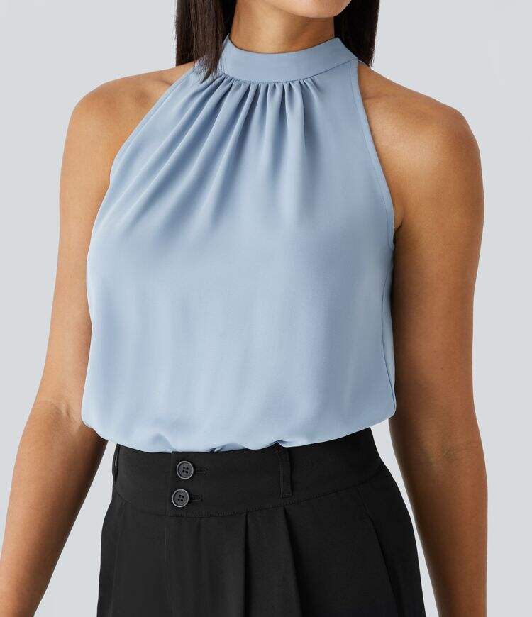 Keyhole Back Halter Plicated Sleeveless Curved Hem Work Blouse