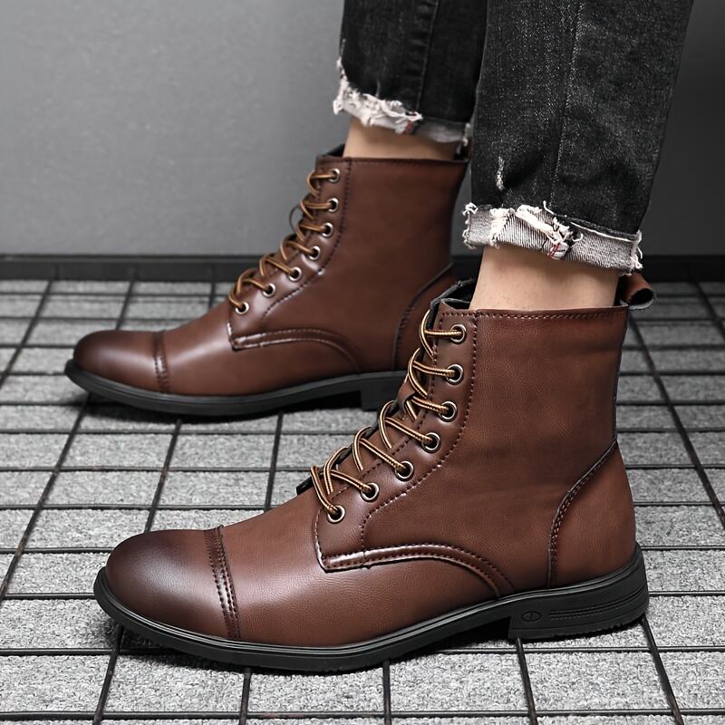 Italian Men's High-top Leather Boots Cap Toe Waterproof Wear-resistant Dress Boots Work Boots