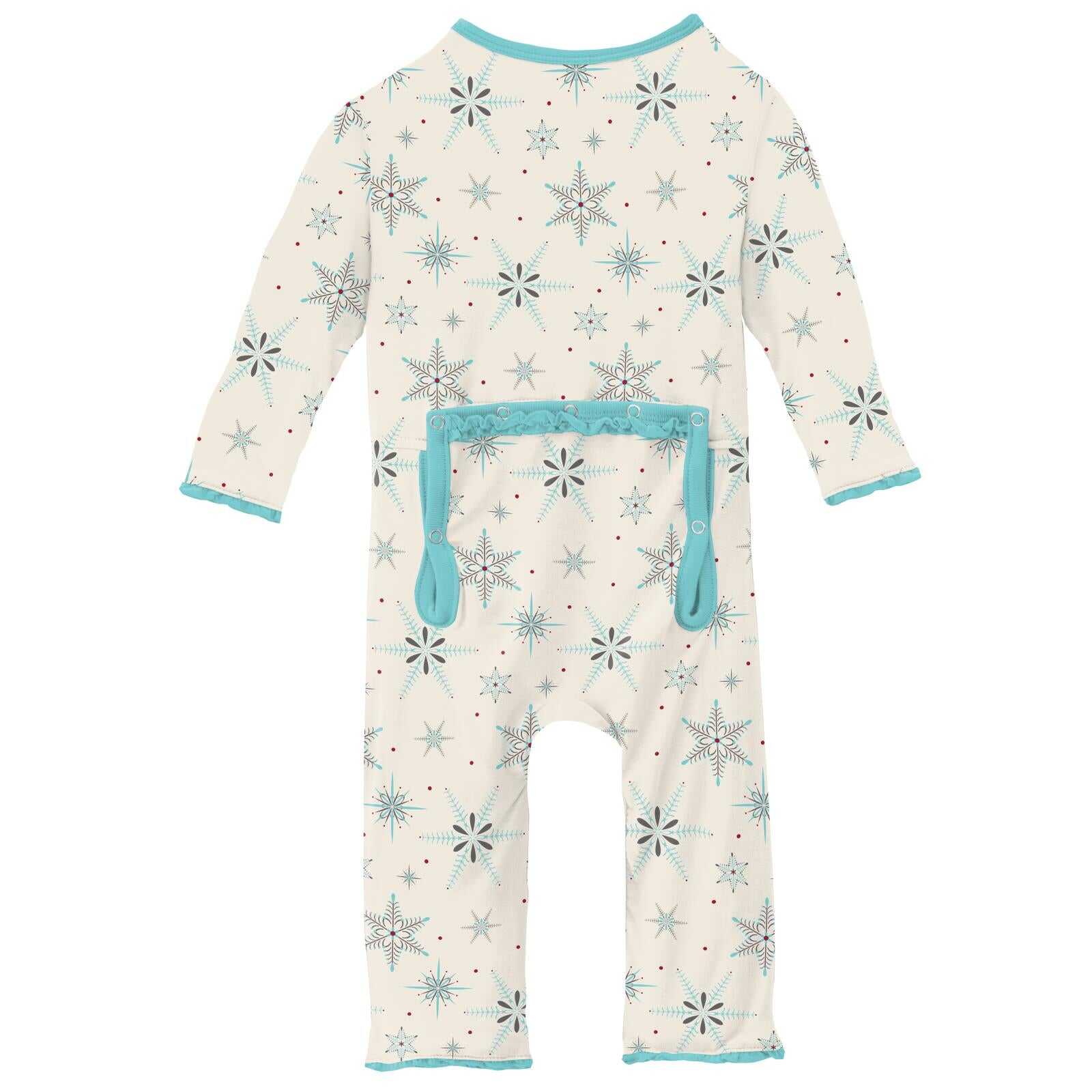 Print Muffin Ruffle Coverall with Snaps in Natural Snowflakes