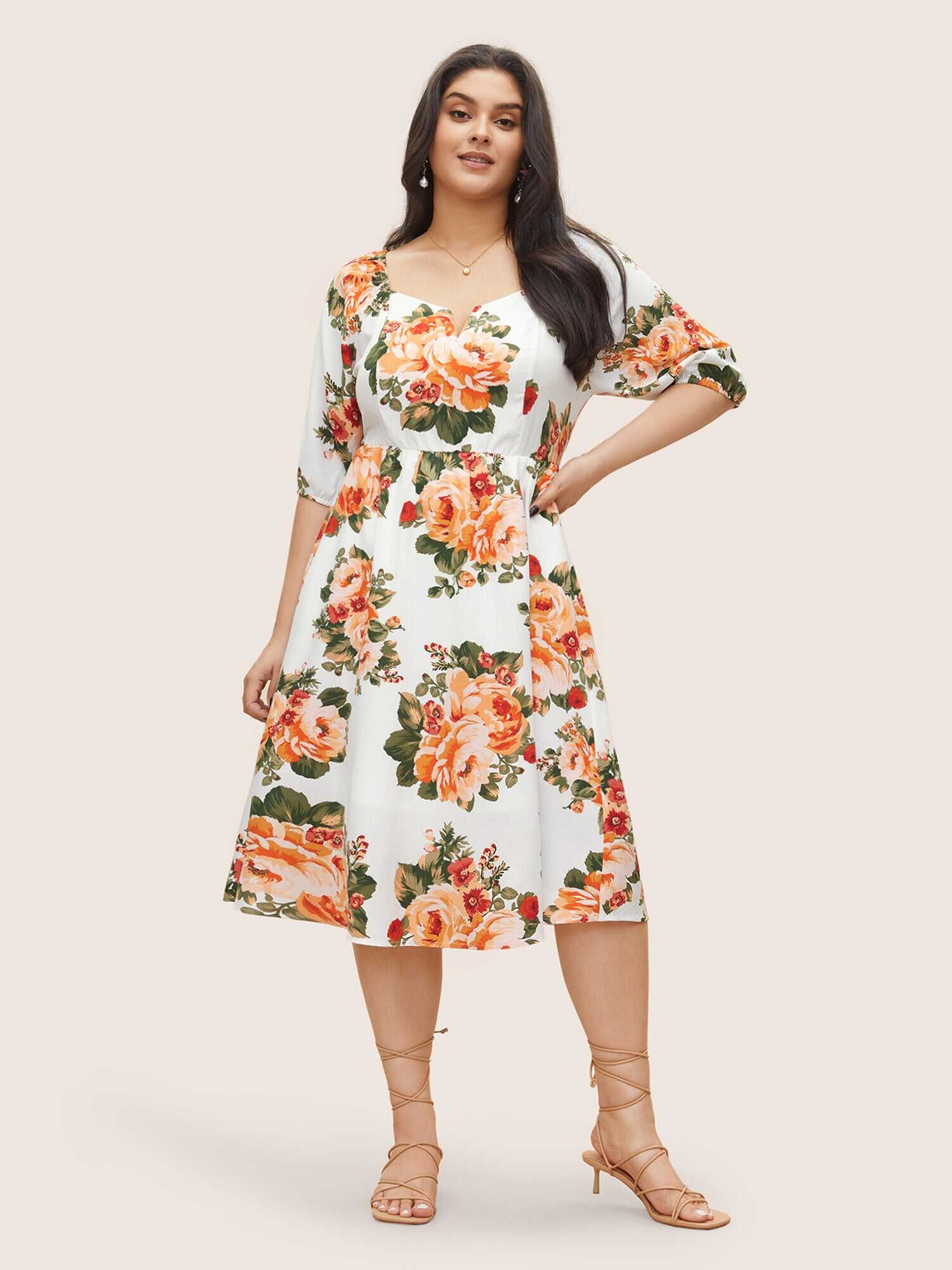Floral Print Notched Elastic Cuffs Dress