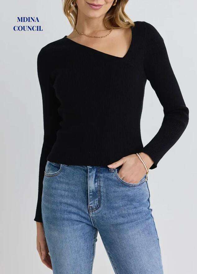 Rift Black LS Slash Neck Rib Knit Top