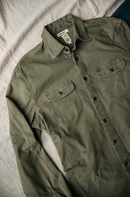 Kato The Oxford Stripe Longsleeve Brace Shirt in Pigment Dark Green