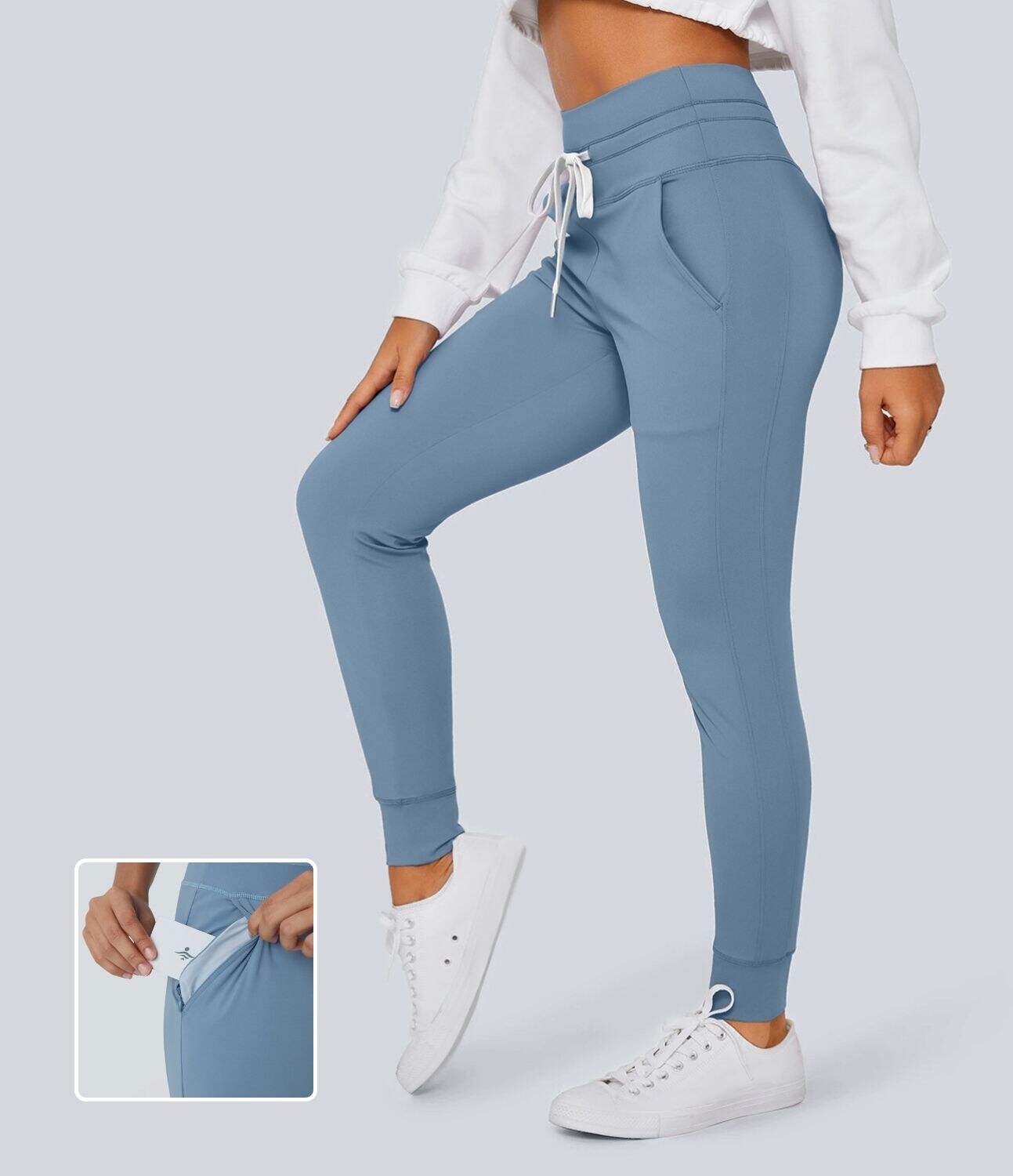 Airy High Waisted Drawstring Side Pocket Plain Cool Touch Full Length Joggers-UPF50+