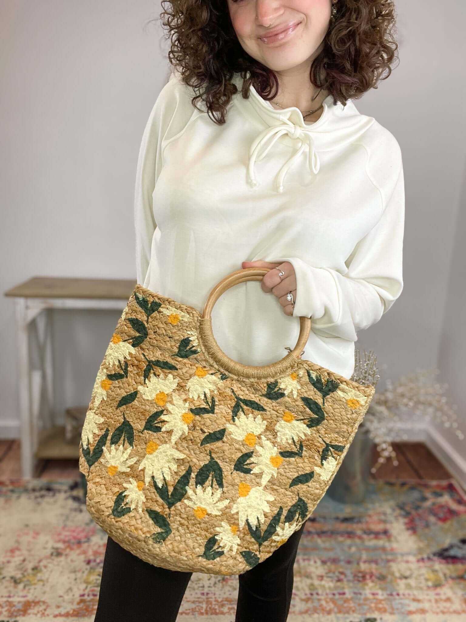 Daisy Painted Alani Jute Circle Wood Handle Tote Bag