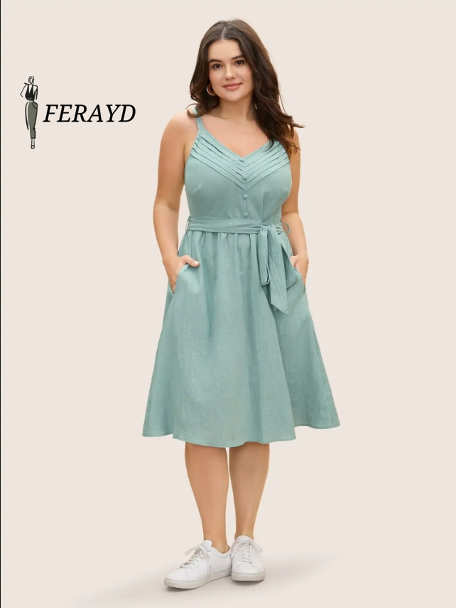Cotton Solid Pleated Button Detail Belted Dress