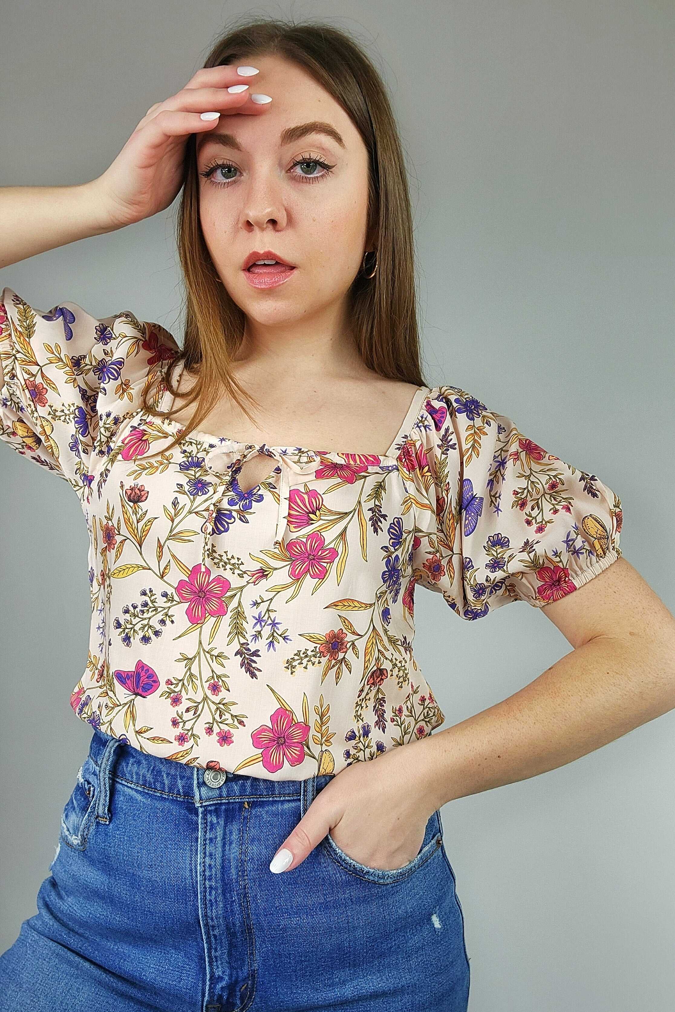 Butterfly Floral Square Neck Short Sleeve EcoVero Blouse