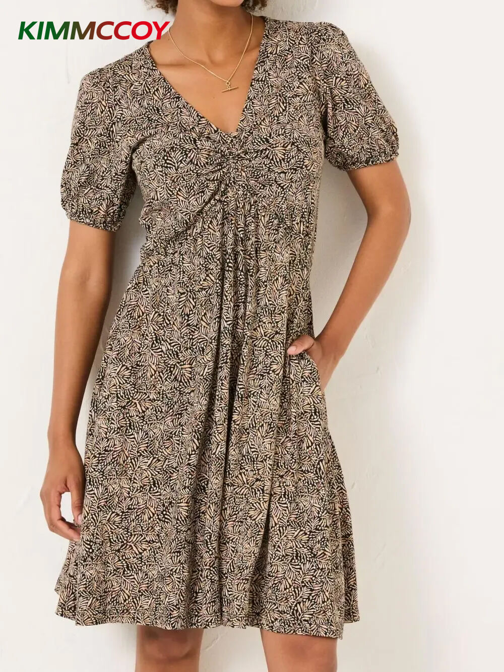 Nell Black Leaf Short Sleeve V-Neck Midi Dress