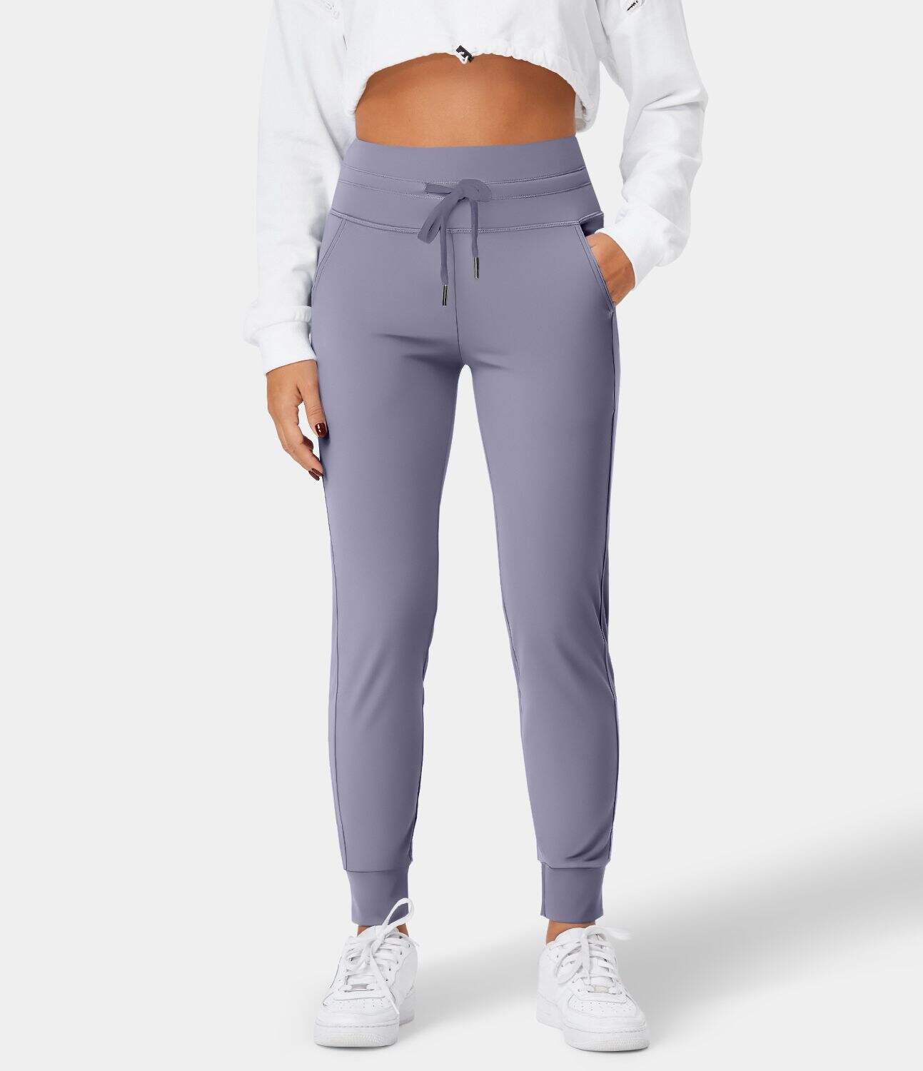 Airy High Waisted Drawstring Side Pocket Plain Cool Touch Full Length Joggers-UPF50+