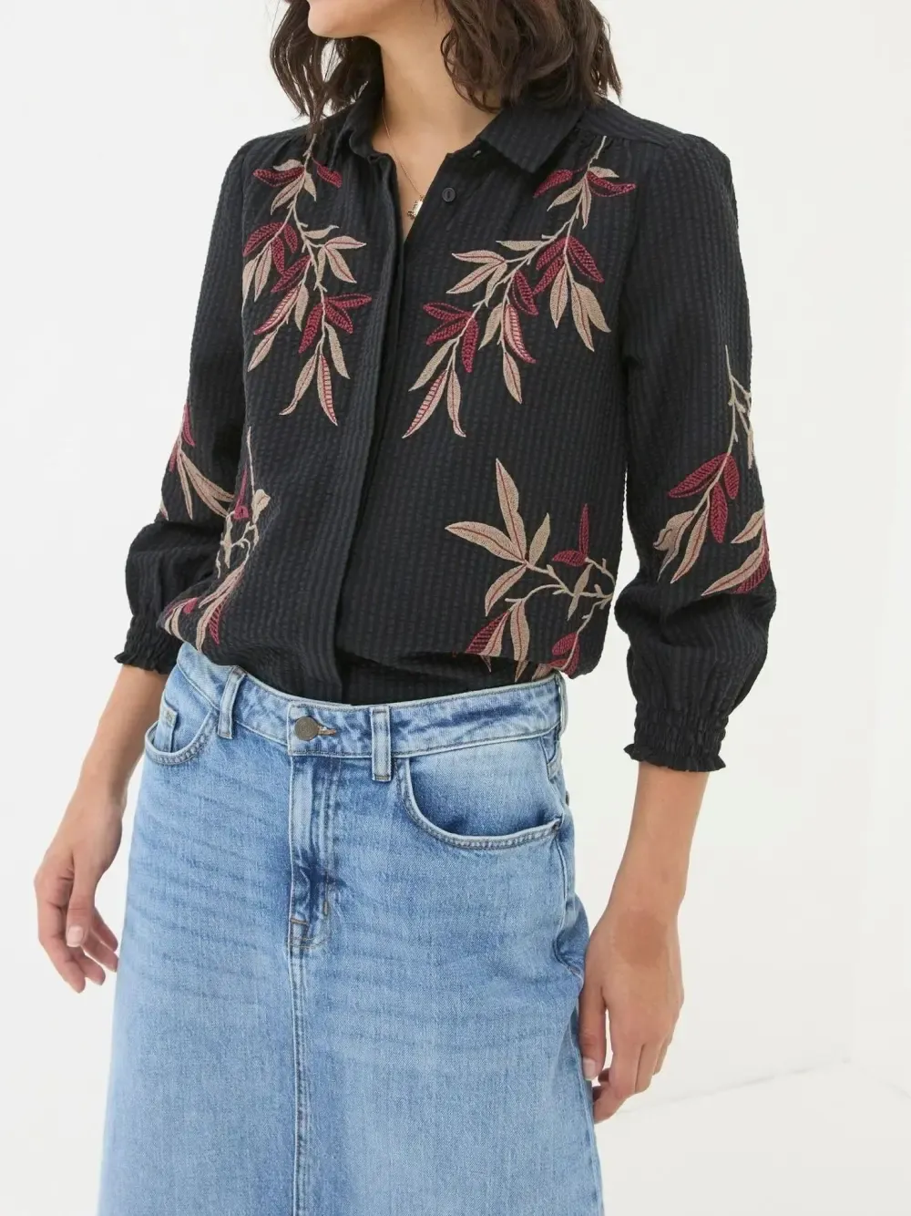 Black Plants Printed Button Shirt