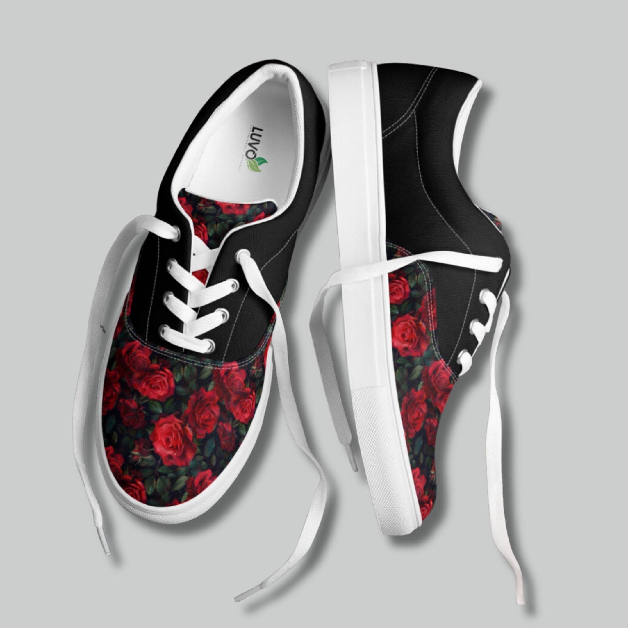 Black and Red Rose Lace-Up Canvas Shoes