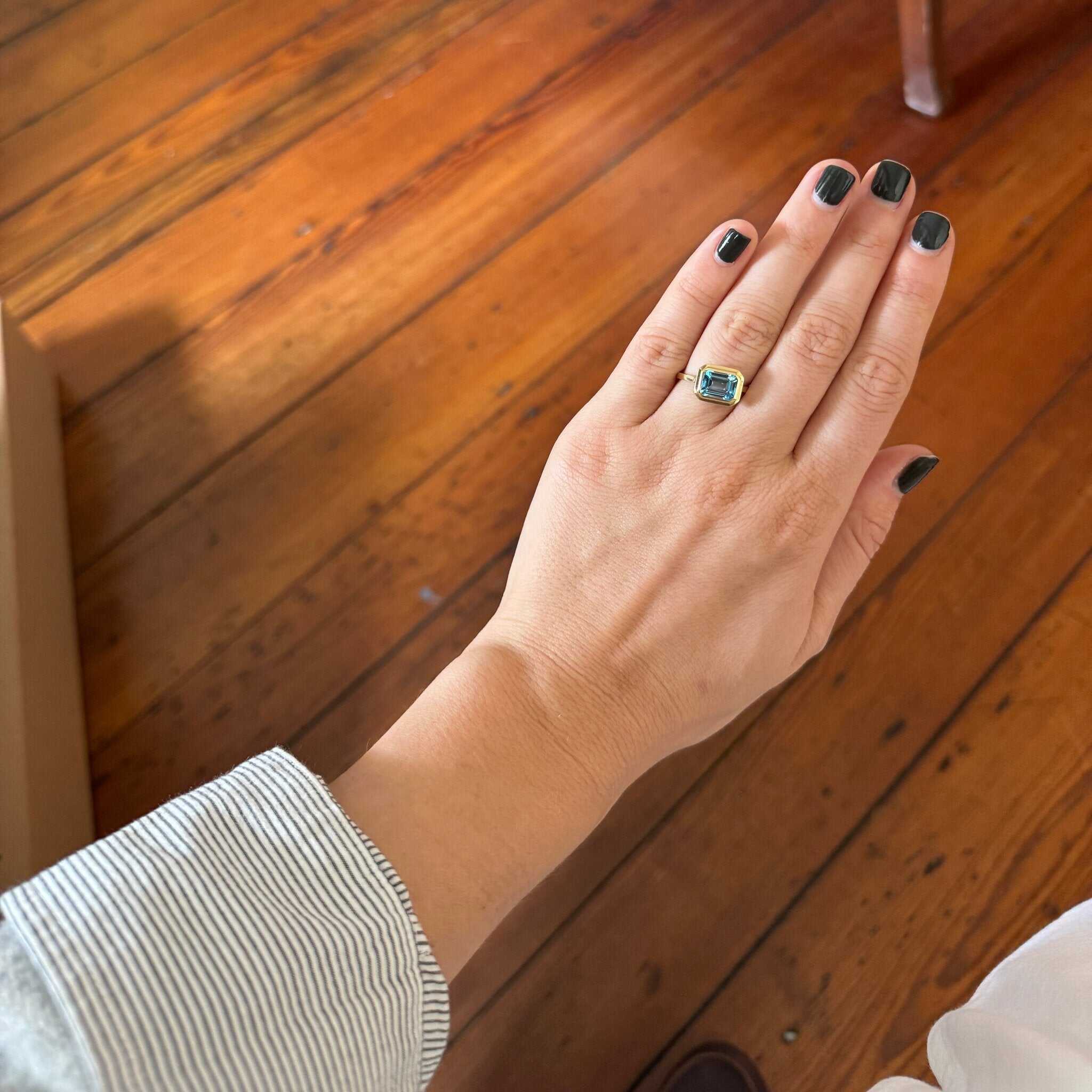 Goshwara Emerald-Cut Blue Topaz Bezel Set 18K Gold Ring