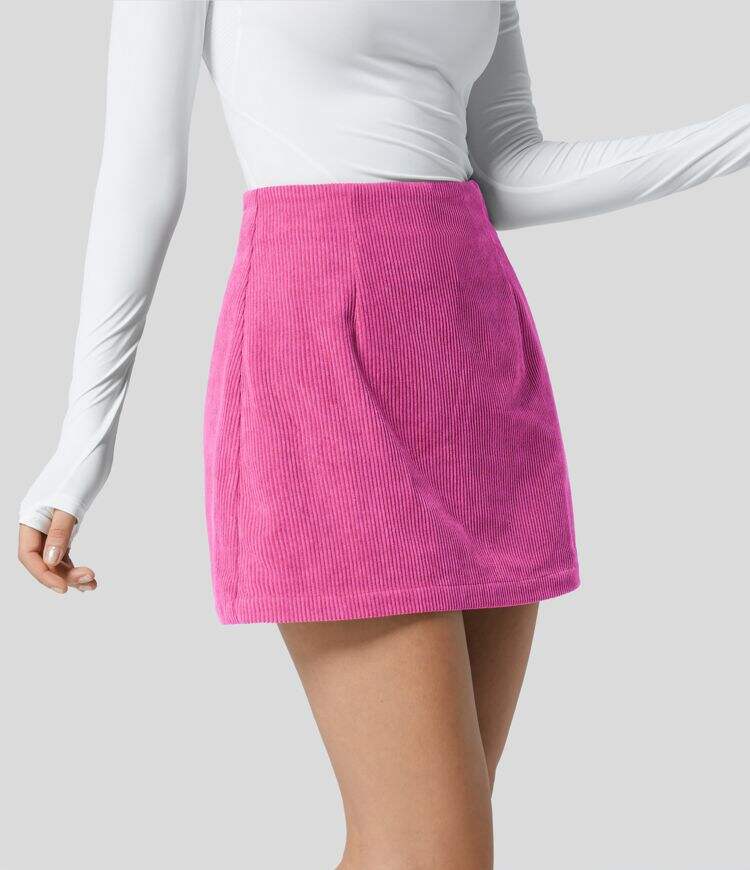 High Waisted Invisible Zipper 2-in-1 A Line Mini Corduroy Casual Skirt